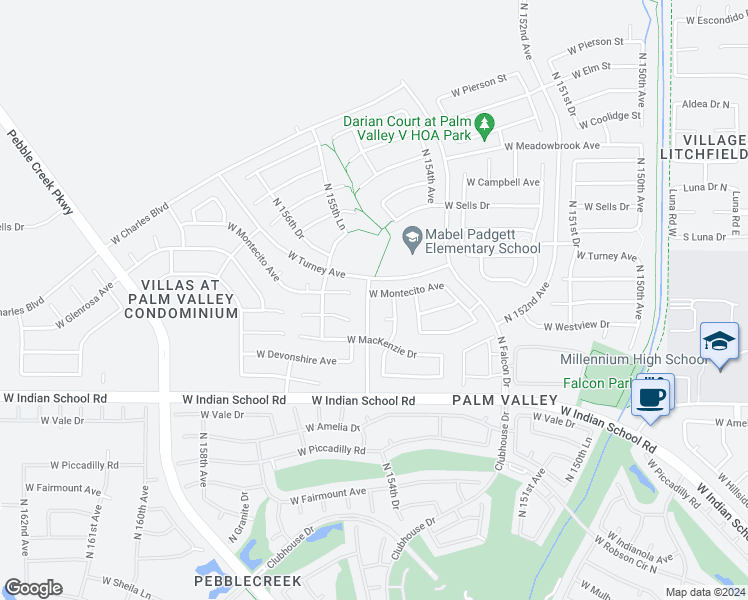 map of restaurants, bars, coffee shops, grocery stores, and more near 15493 West Montecito Avenue in Goodyear