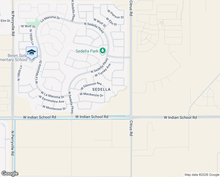 map of restaurants, bars, coffee shops, grocery stores, and more near 4261 North 180th Lane in Goodyear