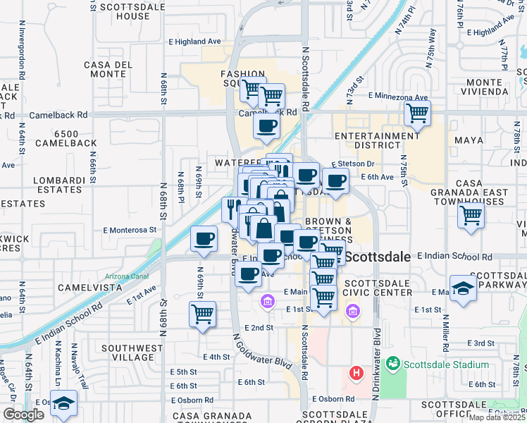 map of restaurants, bars, coffee shops, grocery stores, and more near 7070 East 3rd Avenue in Scottsdale