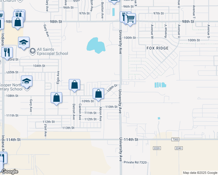 map of restaurants, bars, coffee shops, grocery stores, and more near 2528 108th Drive in Lubbock