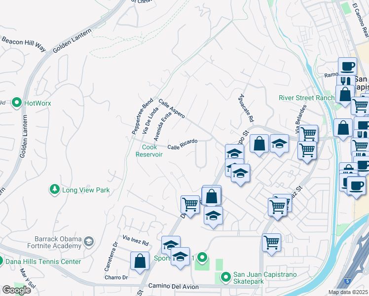 map of restaurants, bars, coffee shops, grocery stores, and more near 25852 Calle Ricardo in San Juan Capistrano