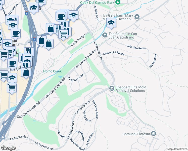 map of restaurants, bars, coffee shops, grocery stores, and more near 32116 Via Buena in San Juan Capistrano
