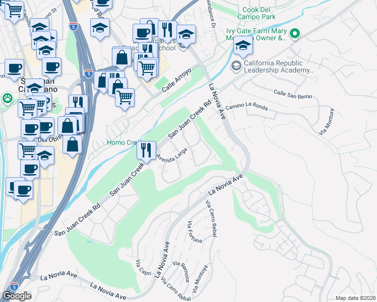 map of restaurants, bars, coffee shops, grocery stores, and more near 32051 Via Buena in San Juan Capistrano