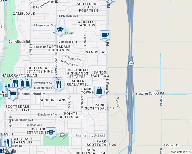map of restaurants, bars, coffee shops, grocery stores, and more near 8703 East Mackenzie Drive in Scottsdale