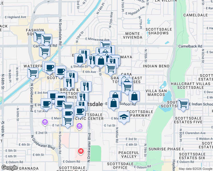 map of restaurants, bars, coffee shops, grocery stores, and more near 4215 North Drinkwater Boulevard in Scottsdale