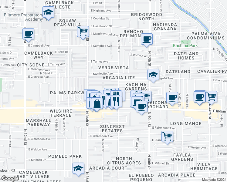 map of restaurants, bars, coffee shops, grocery stores, and more near 3740 East Monterosa Street in Phoenix