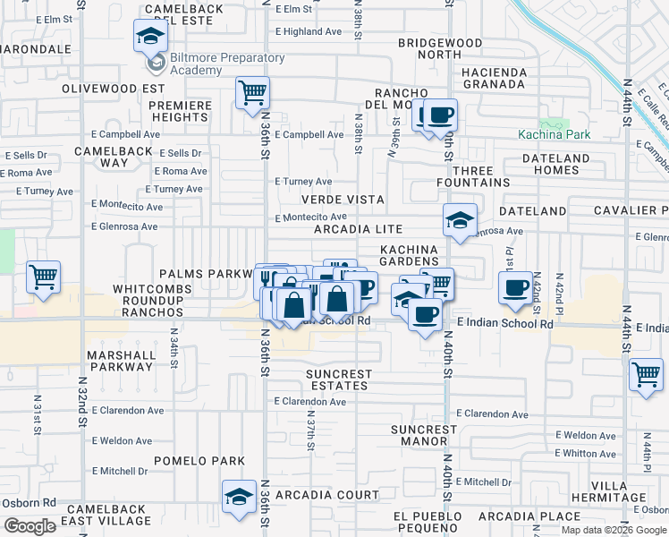 map of restaurants, bars, coffee shops, grocery stores, and more near 3740 East Monterosa Street in Phoenix