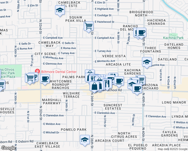 map of restaurants, bars, coffee shops, grocery stores, and more near 4131 North 36th Street in Phoenix