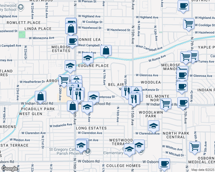 map of restaurants, bars, coffee shops, grocery stores, and more near 1701 West Devonshire Avenue in Phoenix