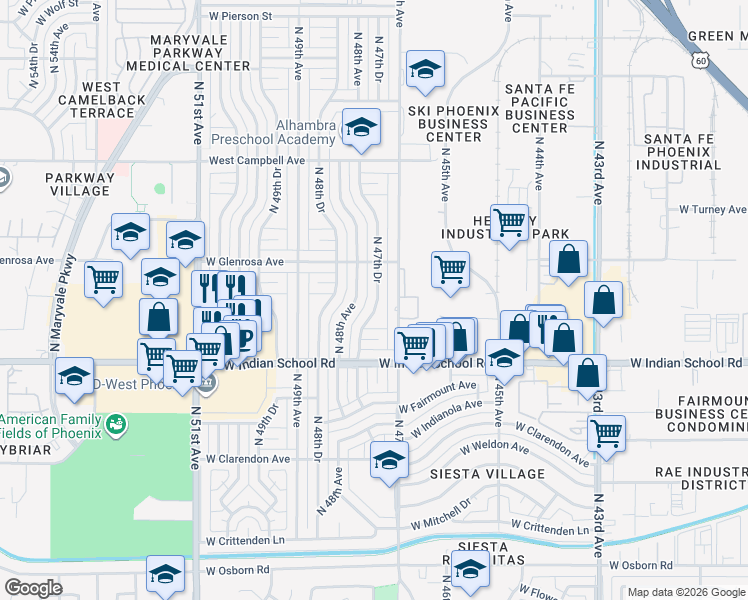 map of restaurants, bars, coffee shops, grocery stores, and more near in Phoenix