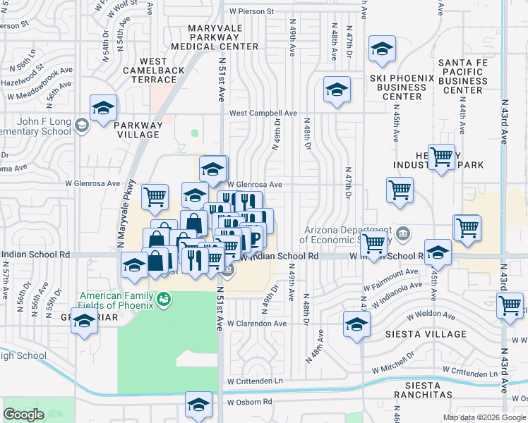 map of restaurants, bars, coffee shops, grocery stores, and more near 4105 North 51st Avenue in Phoenix