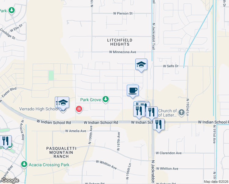 map of restaurants, bars, coffee shops, grocery stores, and more near 19733 West Glenrosa Avenue in Litchfield Park
