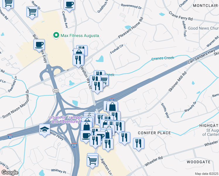 map of restaurants, bars, coffee shops, grocery stores, and more near in Augusta