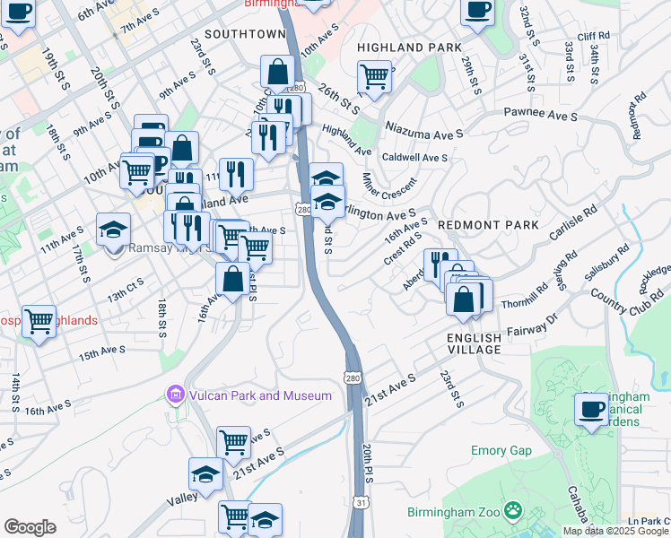 map of restaurants, bars, coffee shops, grocery stores, and more near 2205 16th Avenue South in Birmingham