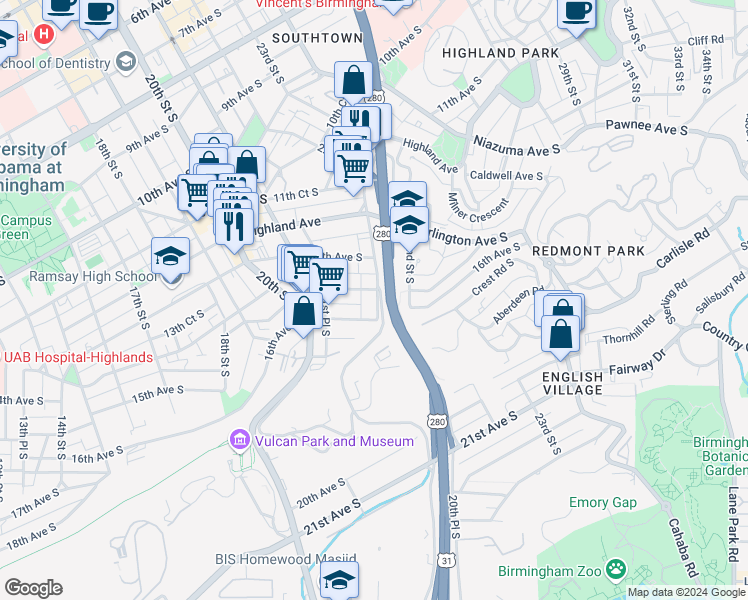 map of restaurants, bars, coffee shops, grocery stores, and more near 2152 16th Avenue South in Birmingham
