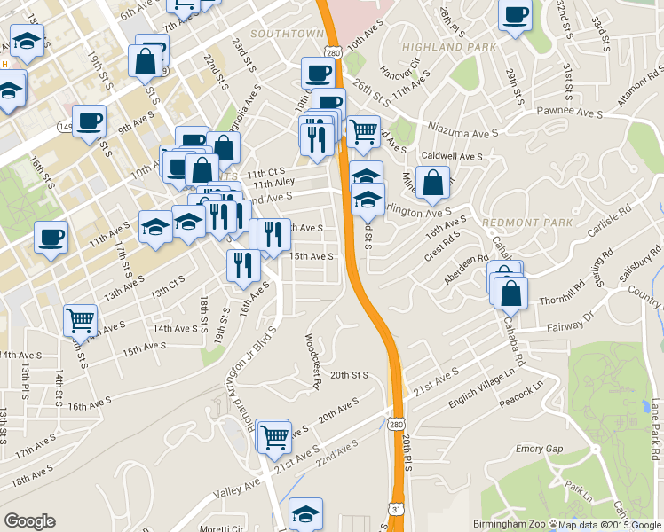 map of restaurants, bars, coffee shops, grocery stores, and more near 2152 16th Avenue South in Birmingham