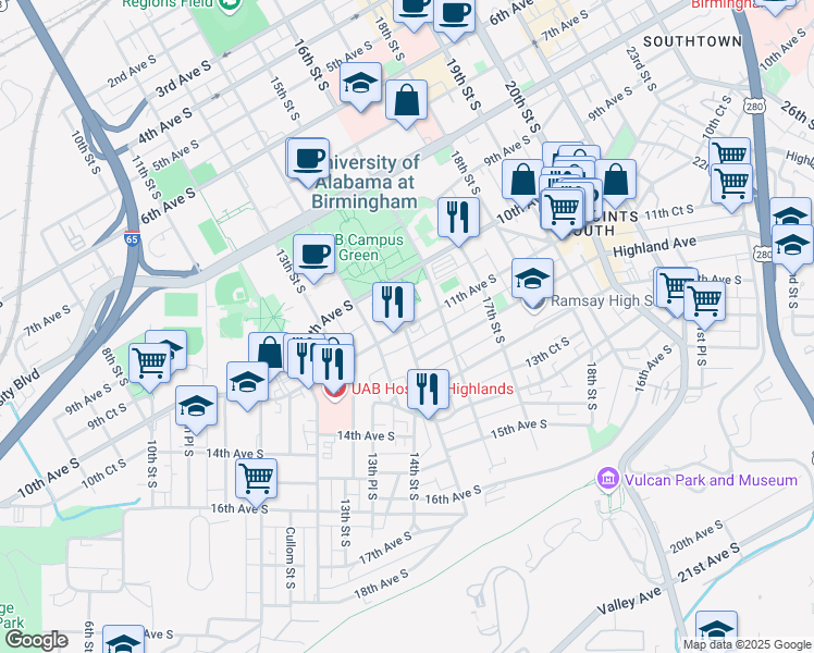 map of restaurants, bars, coffee shops, grocery stores, and more near 1431 11th Avenue South in Birmingham