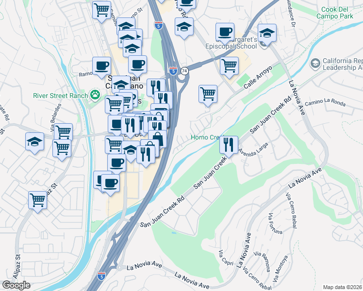 map of restaurants, bars, coffee shops, grocery stores, and more near 27086 Via Caminata in San Juan Capistrano