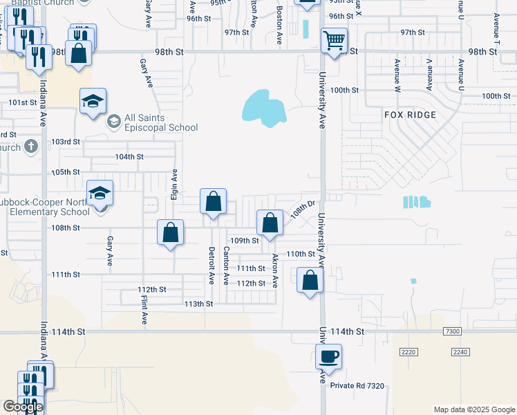 map of restaurants, bars, coffee shops, grocery stores, and more near 10608 Belton Avenue in Lubbock