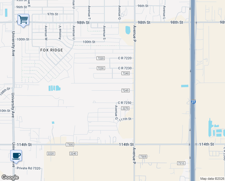 map of restaurants, bars, coffee shops, grocery stores, and more near C R 7245 in Lubbock