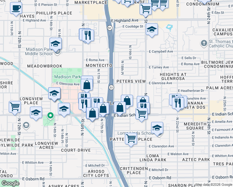 map of restaurants, bars, coffee shops, grocery stores, and more near 4150 North 18th Place in Phoenix