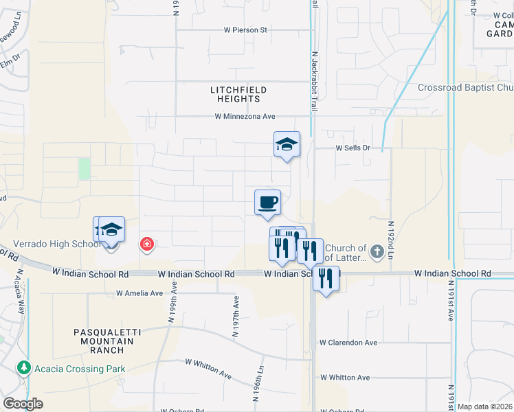 map of restaurants, bars, coffee shops, grocery stores, and more near 19676 W Glenrosa Ave in Litchfield Park