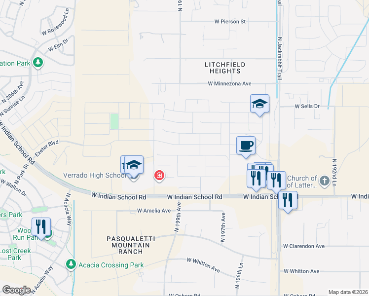 map of restaurants, bars, coffee shops, grocery stores, and more near 19867 West Glenrosa Avenue in Litchfield Park