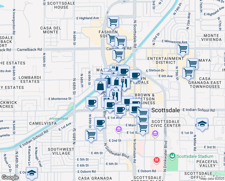 map of restaurants, bars, coffee shops, grocery stores, and more near 4222 North Marshall Way in Scottsdale