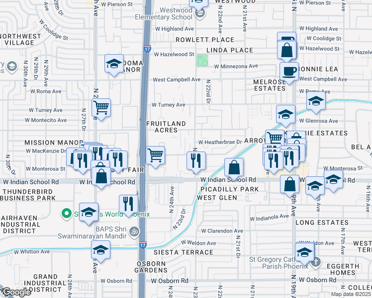 map of restaurants, bars, coffee shops, grocery stores, and more near 2324 West Devonshire Avenue in Phoenix