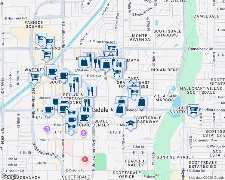 map of restaurants, bars, coffee shops, grocery stores, and more near 4215 North Drinkwater Boulevard in Scottsdale