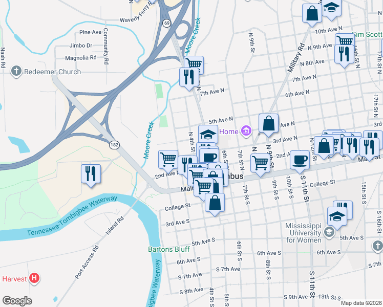 map of restaurants, bars, coffee shops, grocery stores, and more near 405 2nd Ave N in Columbus