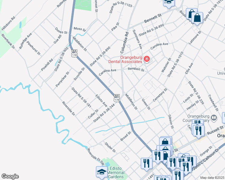 map of restaurants, bars, coffee shops, grocery stores, and more near 1845 Broughton Street in Orangeburg