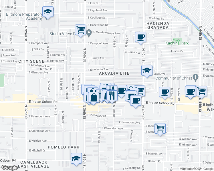 map of restaurants, bars, coffee shops, grocery stores, and more near 3740 East Monterosa Street in Phoenix