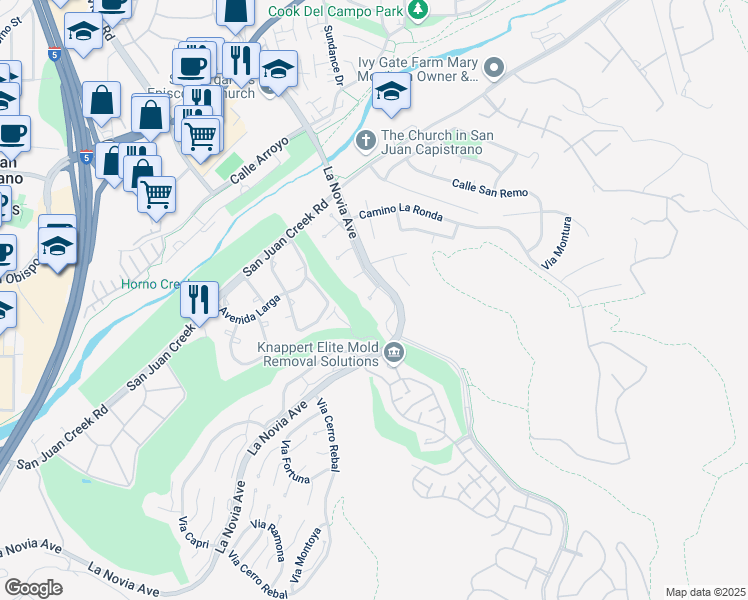 map of restaurants, bars, coffee shops, grocery stores, and more near 31971 Via Flores in San Juan Capistrano