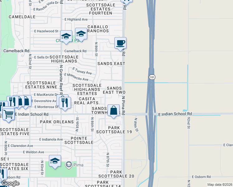 map of restaurants, bars, coffee shops, grocery stores, and more near 4302 North 87th Place in Scottsdale