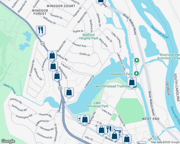 map of restaurants, bars, coffee shops, grocery stores, and more near 2306 Woodbine Road in Augusta
