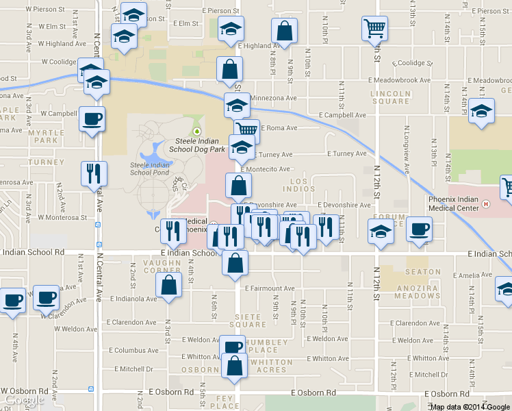 map of restaurants, bars, coffee shops, grocery stores, and more near 750 E Devonshire Ave in Phoenix
