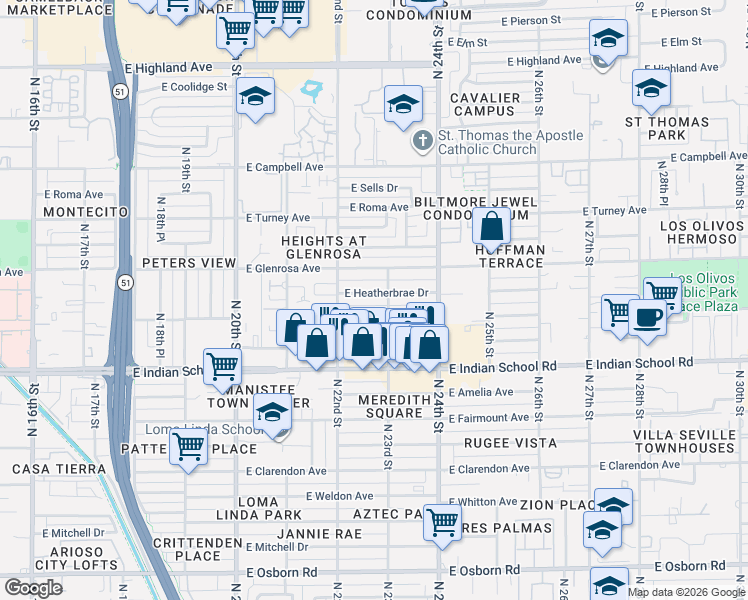 map of restaurants, bars, coffee shops, grocery stores, and more near 2220 East Heatherbrae Drive in Phoenix