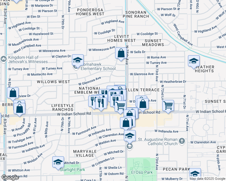 map of restaurants, bars, coffee shops, grocery stores, and more near 7533 West Heatherbrae Drive in Phoenix
