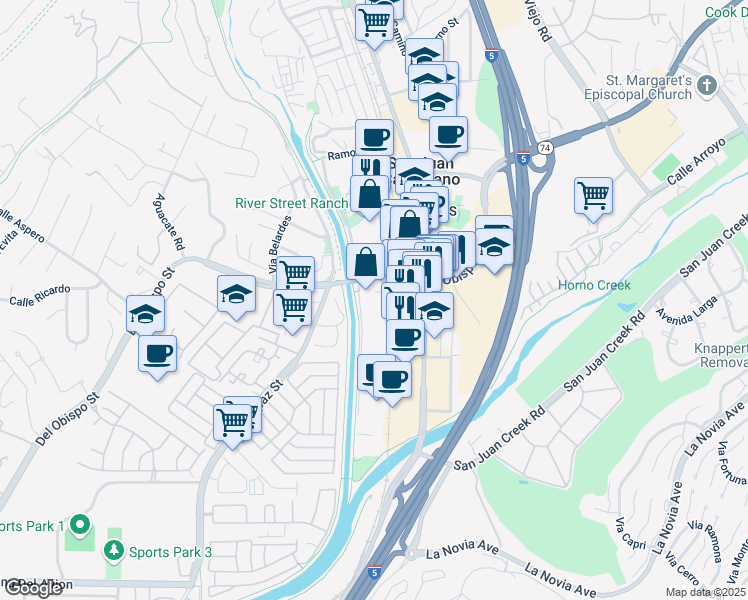 map of restaurants, bars, coffee shops, grocery stores, and more near 31902 Del Obispo Street in San Juan Capistrano