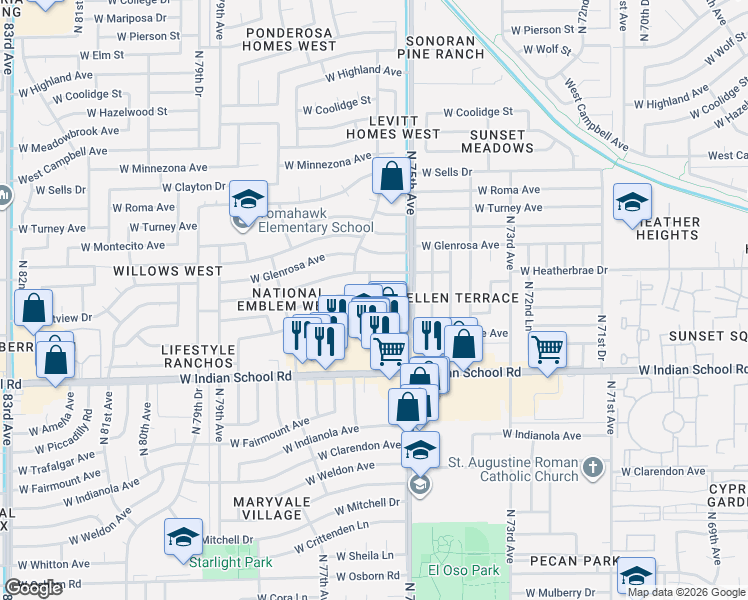 map of restaurants, bars, coffee shops, grocery stores, and more near 7533 West Heatherbrae Drive in Phoenix