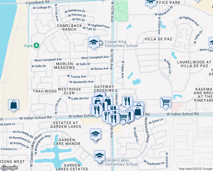 map of restaurants, bars, coffee shops, grocery stores, and more near 10730 West Montecito Avenue in Phoenix