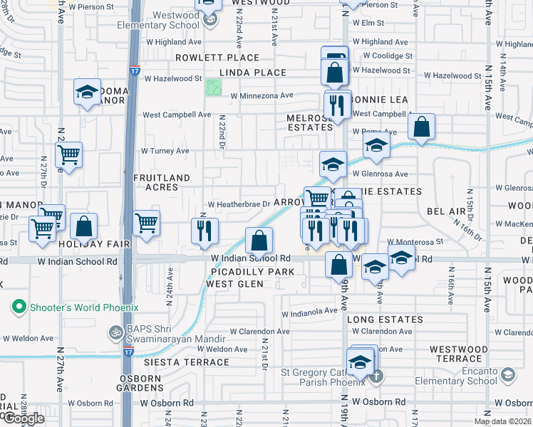 map of restaurants, bars, coffee shops, grocery stores, and more near 2115 West Devonshire Avenue in Phoenix