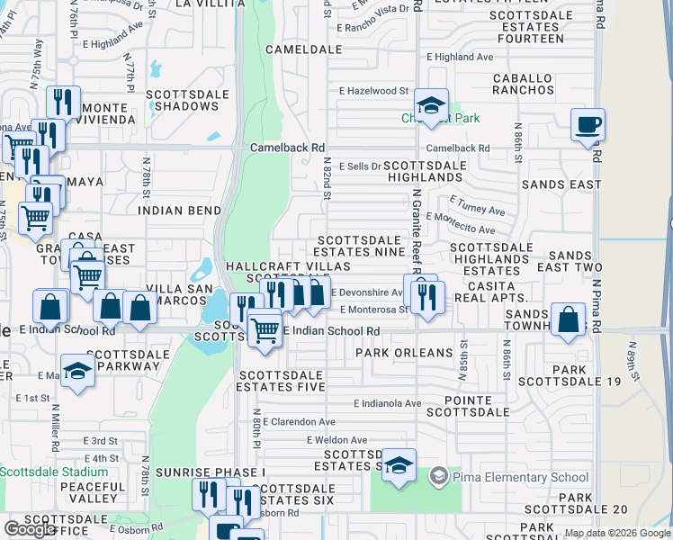 map of restaurants, bars, coffee shops, grocery stores, and more near 8208 East Mackenzie Drive in Scottsdale