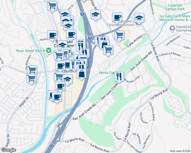 map of restaurants, bars, coffee shops, grocery stores, and more near 27124 Calle Arroyo in San Juan Capistrano