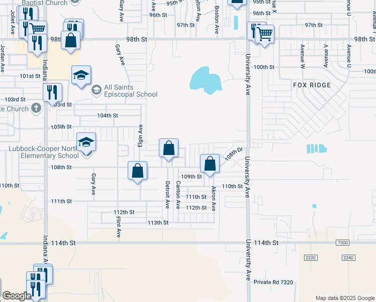 map of restaurants, bars, coffee shops, grocery stores, and more near 10601 Canton Avenue in Lubbock