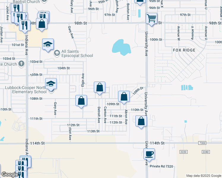 map of restaurants, bars, coffee shops, grocery stores, and more near 10601 Canton Avenue in Lubbock