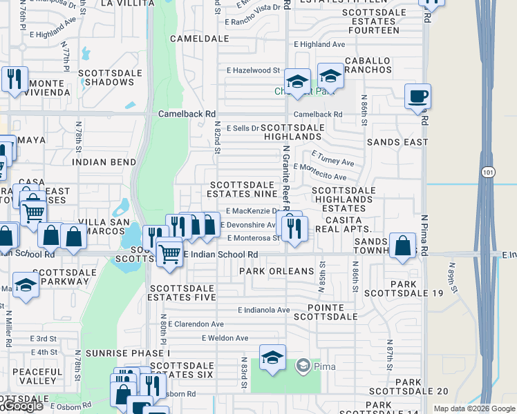 map of restaurants, bars, coffee shops, grocery stores, and more near 8320 East Heatherbrae Avenue in Scottsdale