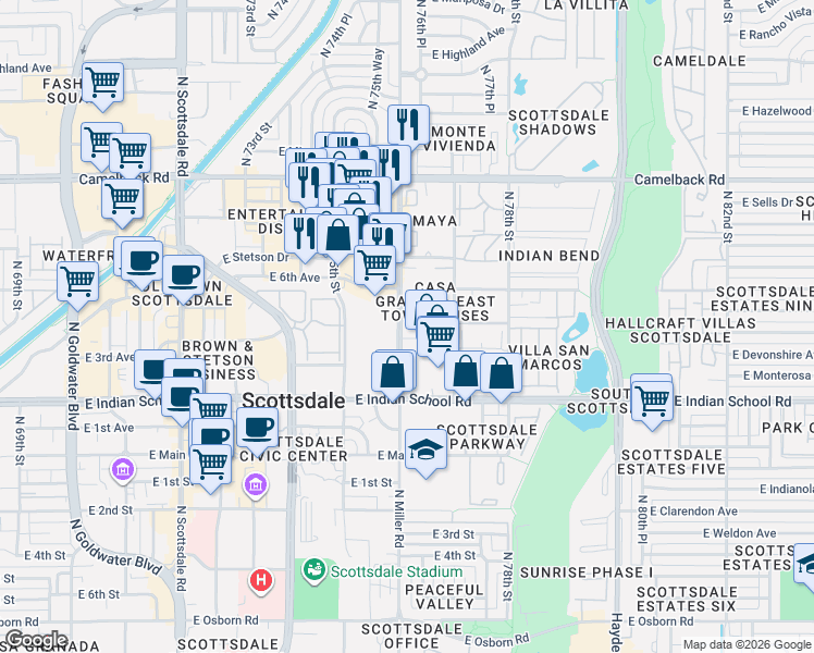 map of restaurants, bars, coffee shops, grocery stores, and more near 4273 North Miller Road in Scottsdale