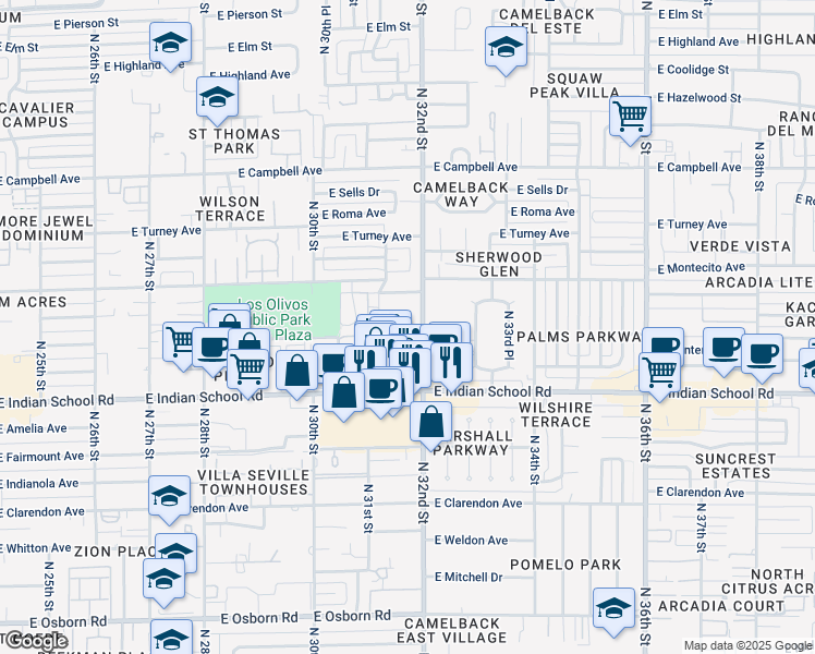 map of restaurants, bars, coffee shops, grocery stores, and more near 3139 East Glenrosa Avenue in Phoenix